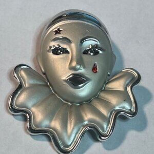 VTG Silver-Tone Pierrot or Crying Clown Face Brooch Pin Star Tear Drop1.75"x2.5"